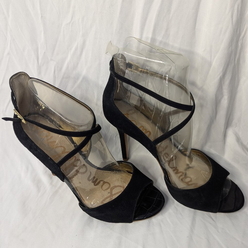 Sam Edelman Black Suede Ankle Strap Heels with Croc Embossed Open Toe
